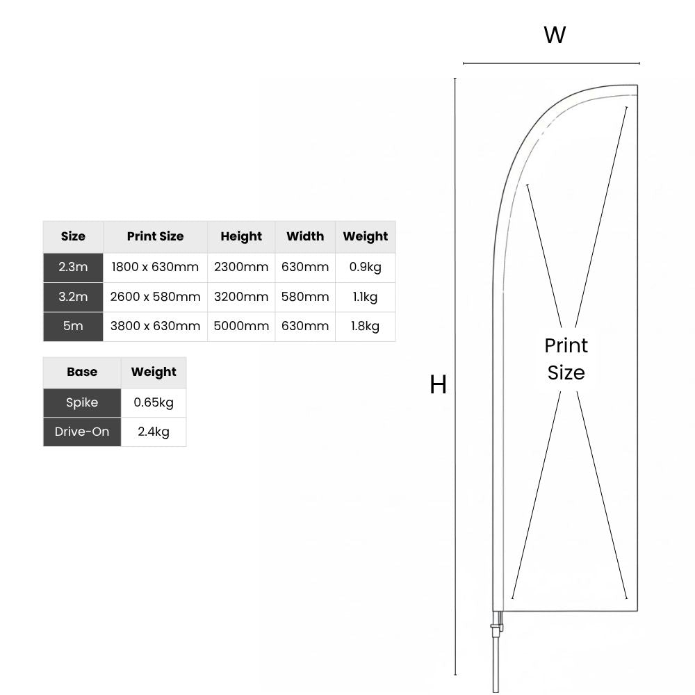 Diagram showing teardrop flag dimensions and print sizes across three variants, with base weights listed for spike and drive-on options.