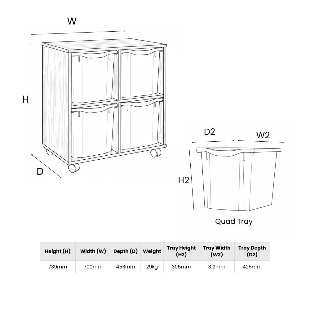 Line diagram showing dimensions of a compact mobile storage unit with four quad trays, including full measurements for both the unit and trays.