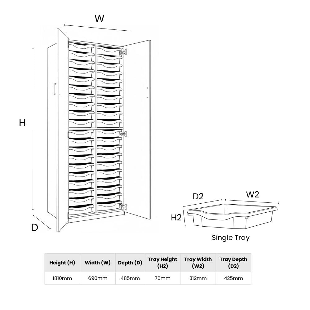 Line diagram showing dimensions of a double-door cupboard containing thirty-two single-depth trays, with detailed measurements of both unit and trays.