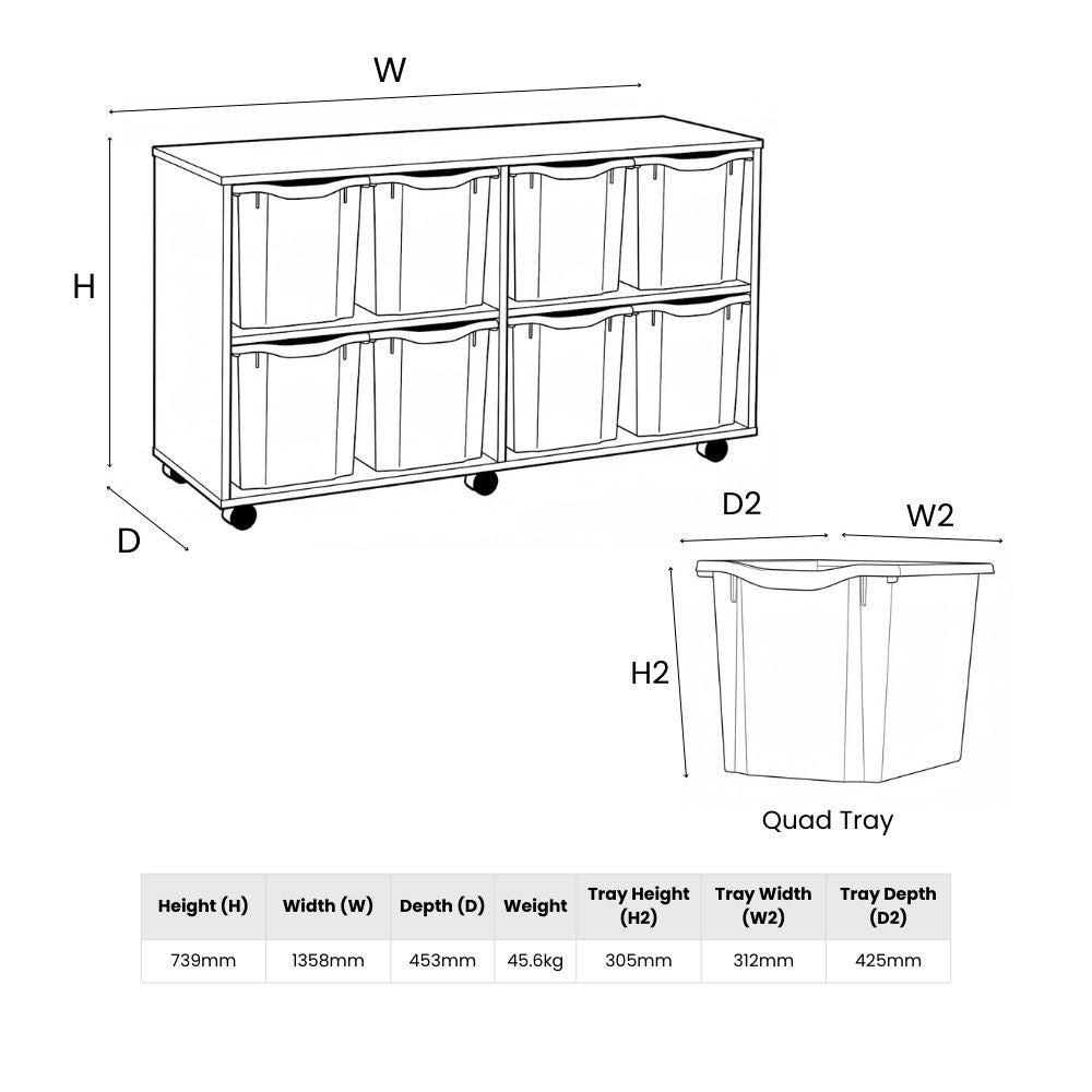 Line diagram with full measurements of a low-height storage unit housing eight quad trays, including detailed dimensions for both the unit and trays.