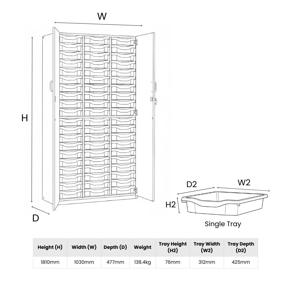 Detailed line drawing of a tall cupboard containing sixty single-depth trays, including full dimensions for both the unit and individual trays.