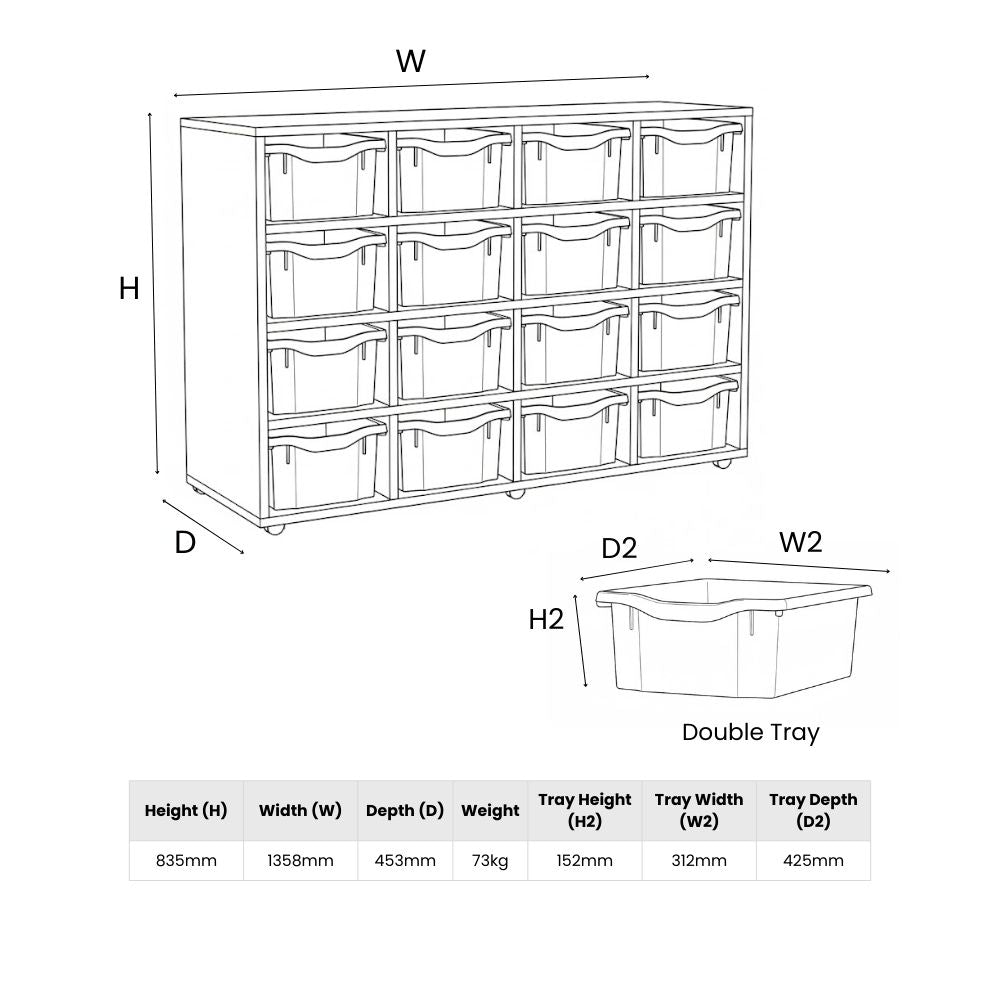 Line diagram showing detailed dimensions of a low wooden storage unit with fifteen double-depth trays, including full measurements for unit and individual trays.