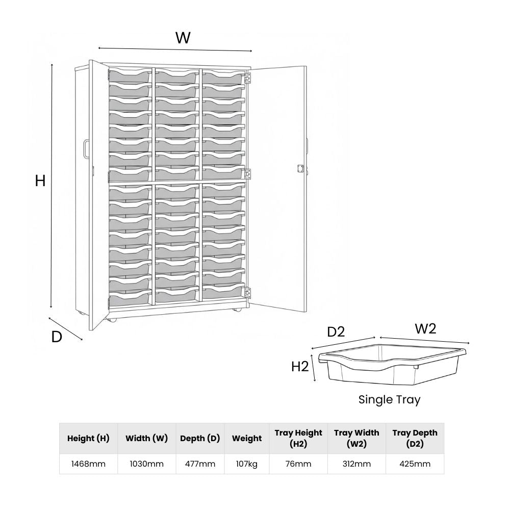 Line drawing showing dimensions of a wooden storage cupboard containing forty-eight single-depth trays, with detailed measurements for unit and tray sizes.