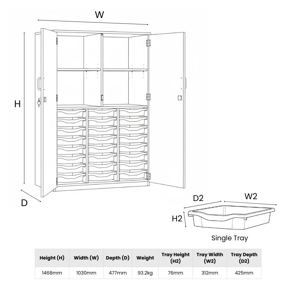 Line diagram with full dimensions of a wooden cupboard featuring twenty-four shallow trays and four open cubbies, including tray and unit measurements.