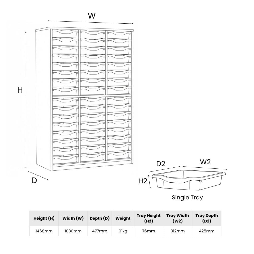 Line illustration showing precise dimensions for a storage unit with forty-eight single-depth trays, including unit height, width, depth, and tray sizing.