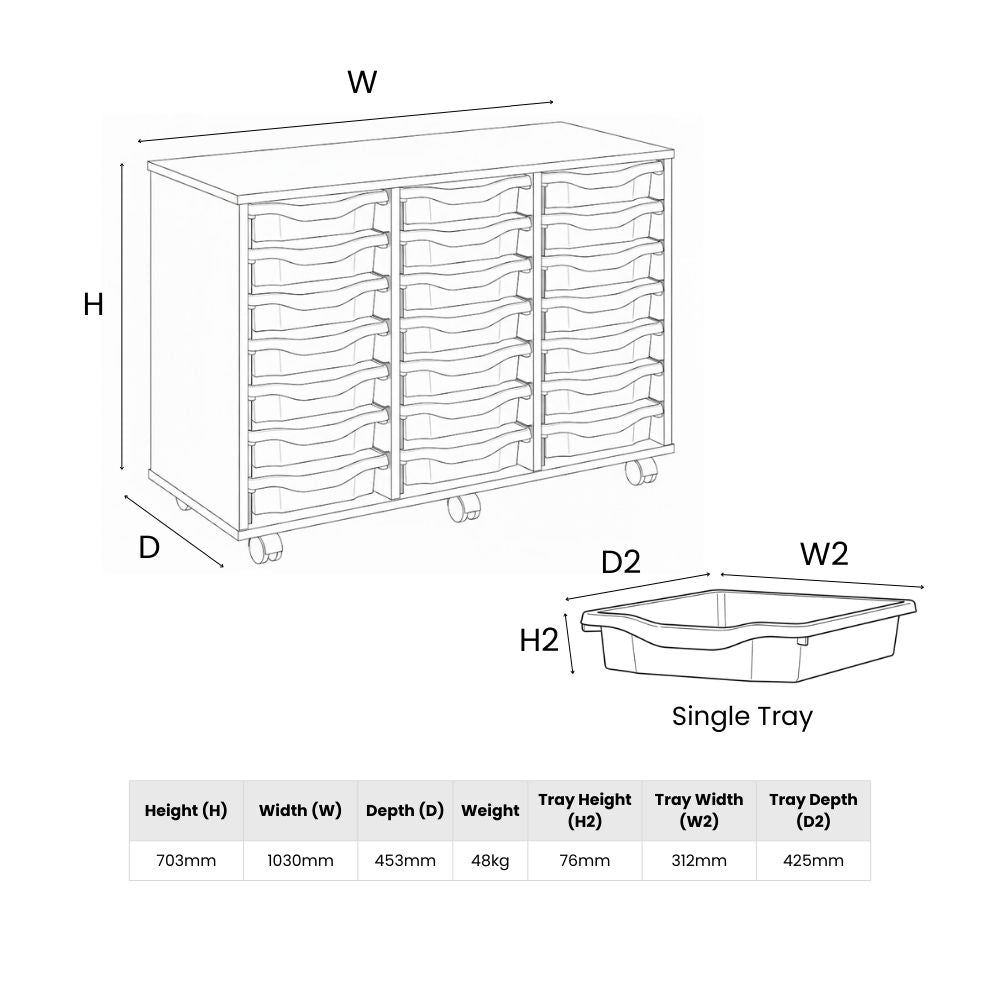 Black-and-white technical diagram of a school tray storage unit including dimensions, tray size, and overall weight, showing three-column layout and a labelled single tray illustration.