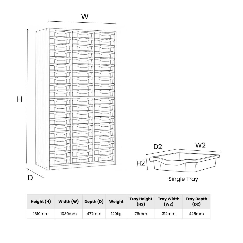 Line illustration showing dimensions and specifications for a tall wooden unit housing sixty single-depth trays, including full tray and unit measurements.
