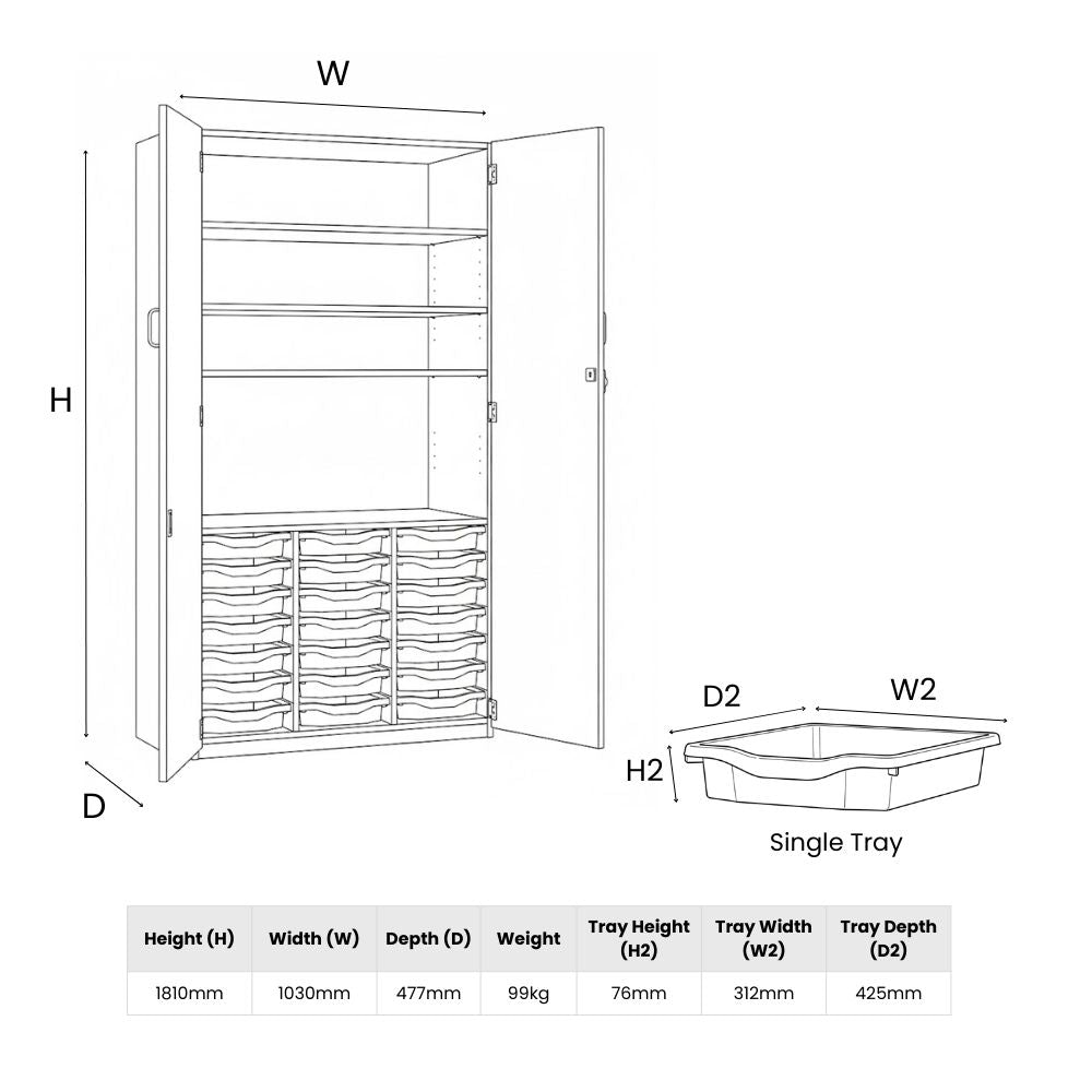 Line drawing showing dimensions of a tall storage cupboard featuring twenty-one single-depth trays and three adjustable shelves, with detailed measurements of both unit and trays.