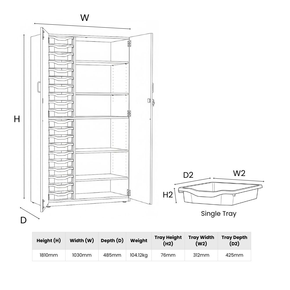 Line illustration of a tall storage cupboard with twenty single-depth trays on one side and adjustable shelving on the other, including complete unit and tray dimensions.