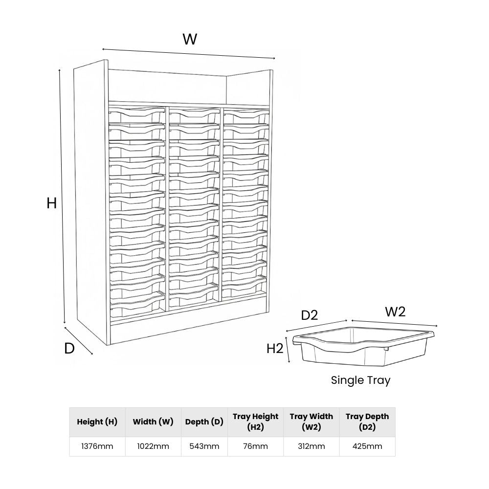 Line diagram showing dimensions of a tall storage unit with thirty single-depth trays, including detailed measurements for unit and individual tray sizes.