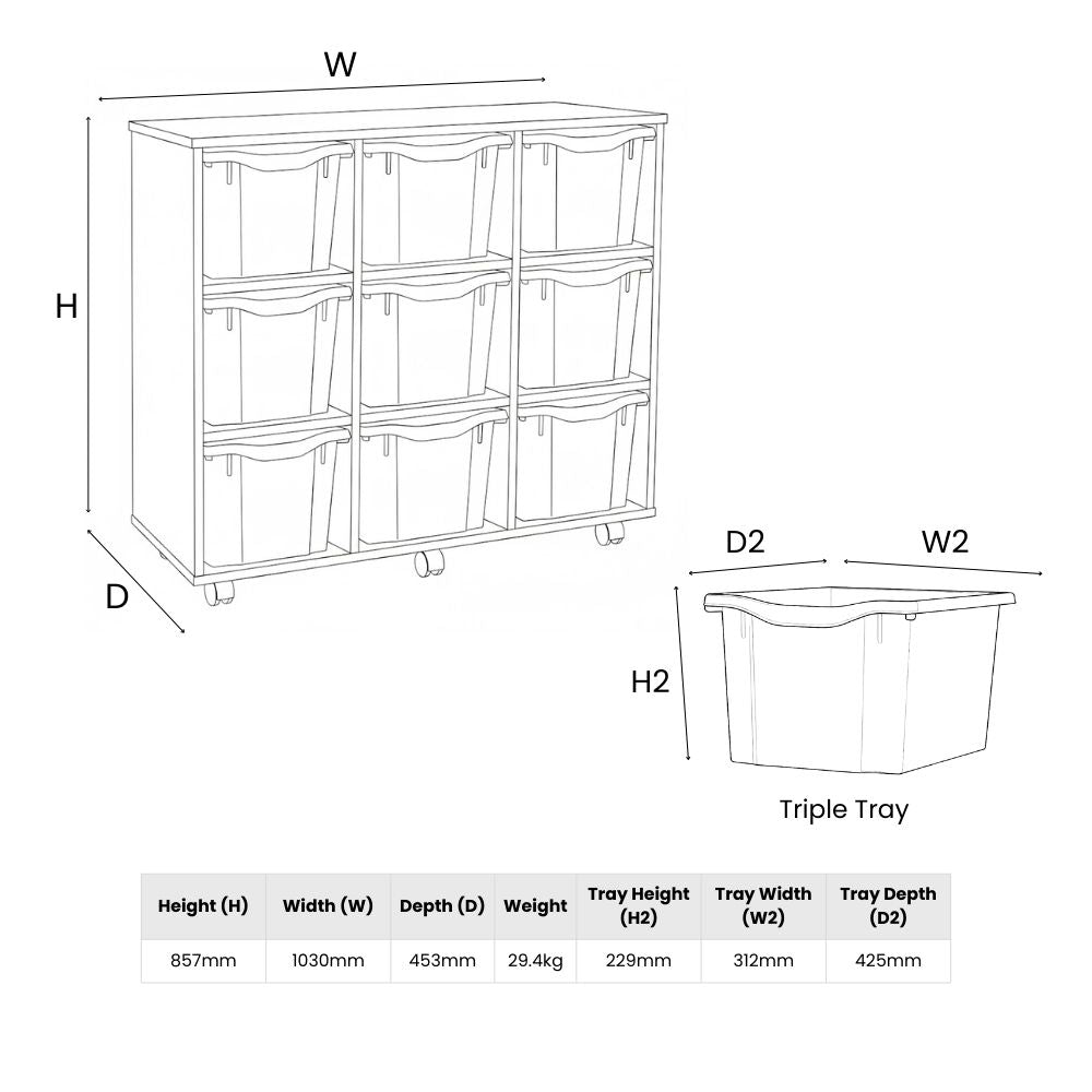 Line diagram of a triple tray wooden storage unit showing detailed measurements for height, width, depth, and tray dimensions, including wheel placement and unit specifications.