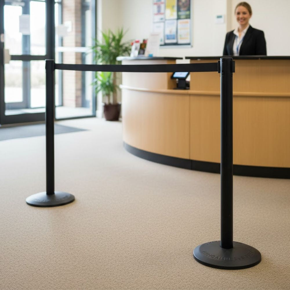 Tensabarrier Advance black barrier post with 2.3m black retractable belt used for queue management in a reception area with a curved desk and staff member in the background.