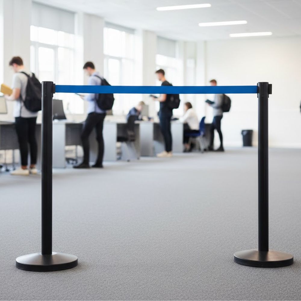 Tensabarrier Advance black barrier post with 2.3m blue retractable belt used for queue management in a university or office environment with people at desks in the background.