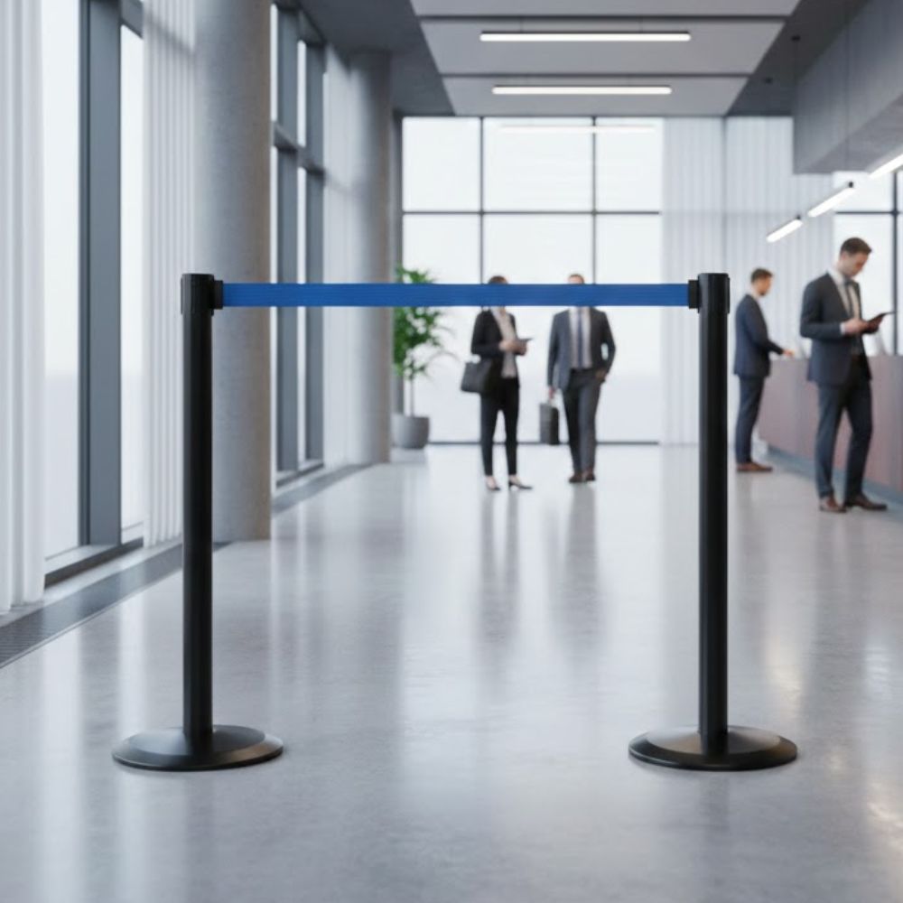 Tensabarrier Advance black barrier post with 3.65m blue retractable belt for queue management in a modern corporate reception area with business professionals in the background.