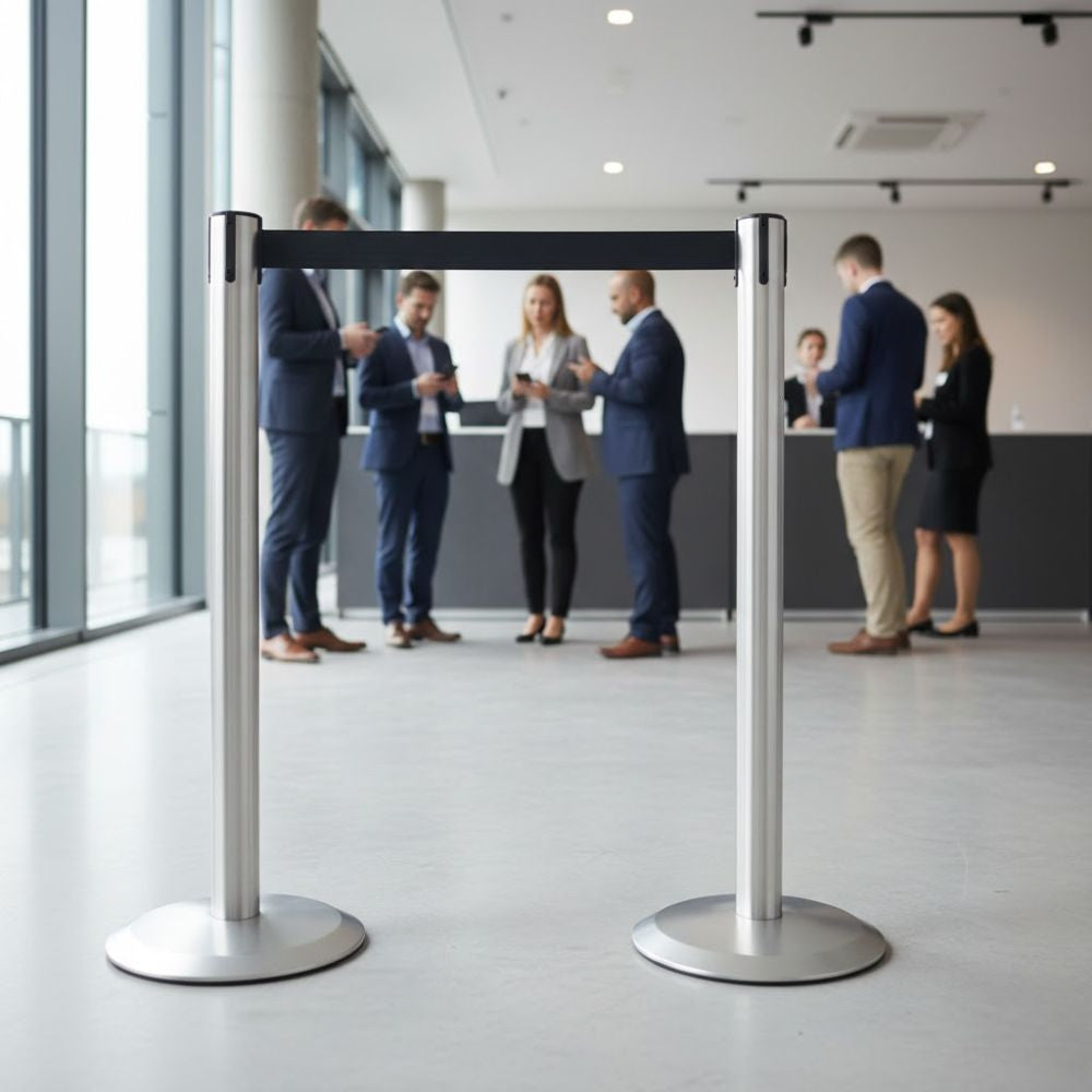 Tensabarrier Advance chrome barrier post with 2.3m black retractable belt used for queue management in a modern corporate reception area with business professionals in the background.