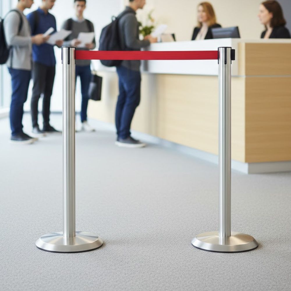 Tensabarrier Advance stainless steel barrier post with 2.3m red retractable belt used for queue management in a reception area with visitors and staff at a counter in the background.
