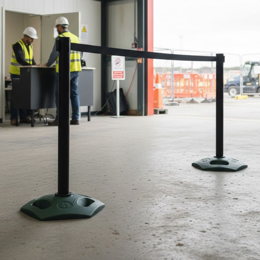 Tensabarrier heavy duty plastic black post with 3.65m black retractable belt, model BQT328, designed for outdoor use in an industrial or construction site environment.