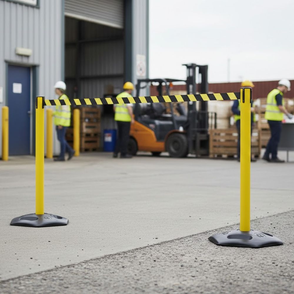 Tensabarrier heavy duty plastic yellow post with 3.65m yellow and black retractable belt for outdoor queue control at an industrial or warehouse site with workers and forklift in the background.