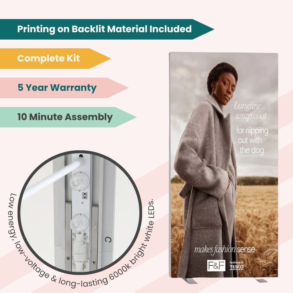 Tesco F&F promotional banner with wrap coat design, backlit material, LED lighting, and 10-minute assembly for stylish retail display.