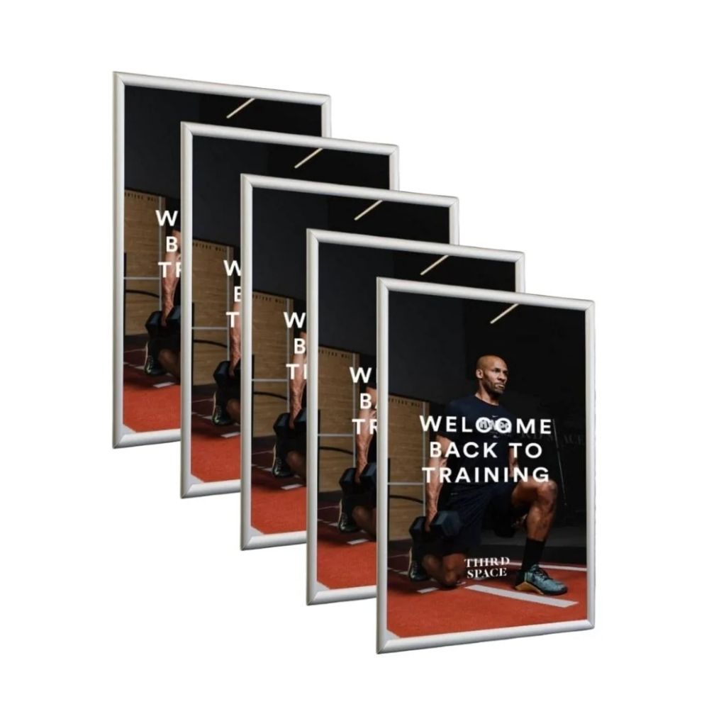 Third Space poster inside a silver snap frame with gym setting and lunge pose, built for fitness centre reopening campaigns.