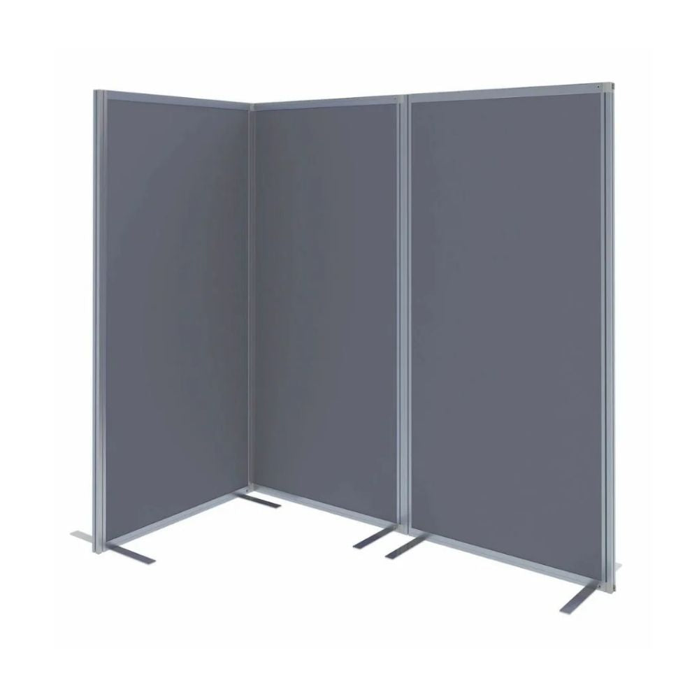 Hinged grey divider with flat metal feet, designed for flexible room separation in shared interiors.