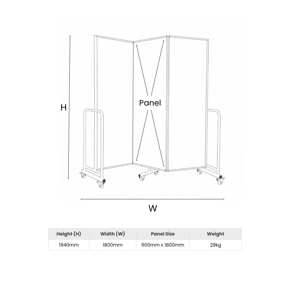 Diagram showing size and weight of three-panel zigzag divider with wheeled base and metal frame.