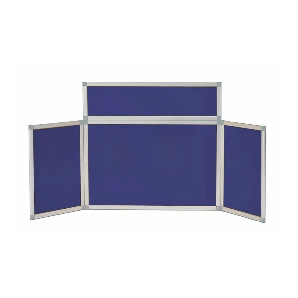 Tiered blue display board with hinged side panels and header, ideal for exhibitions or presentations.