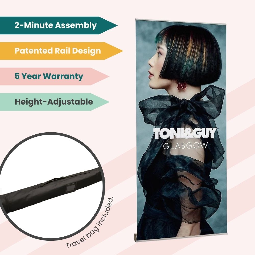 TONI&GUY Glasgow banner stand with stylish haircut graphic and travel bag for easy setup.