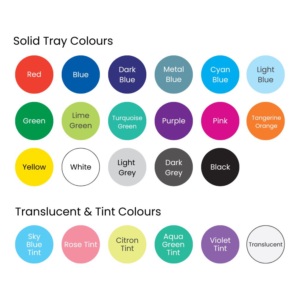 A tray colour chart displaying 18 solid tray colours including red, blue, dark blue, metal blue, cyan blue, light blue, green, lime green, turquoise green, purple, pink, tangerine orange, white, light grey, dark grey, and black; alongside 6 translucent and tint colours including sky blue tint, rose tint, citron tint, aqua green tint, violet tint, and translucent.