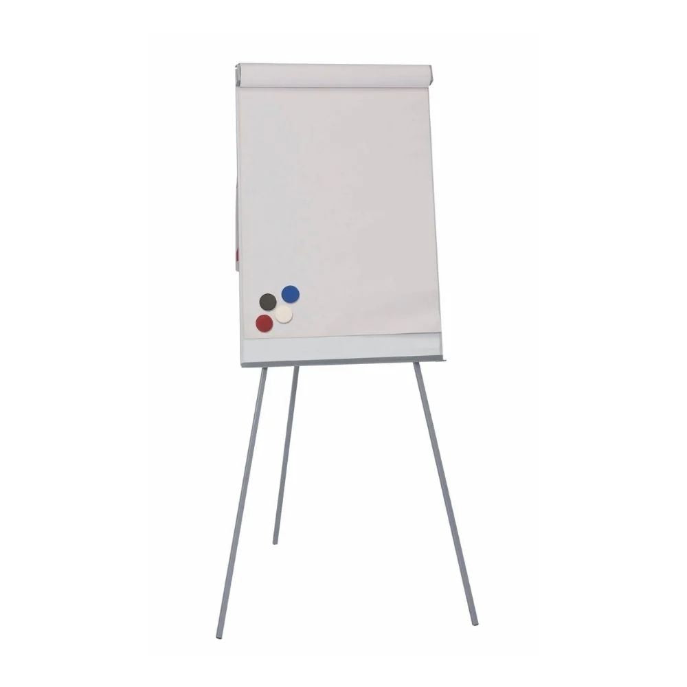 Height-adjustable flipchart easel with magnetic dry wipe board, tripod legs, and included pen ledge for office or classroom use.
