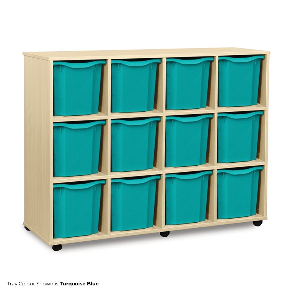 Large educational storage unit with light wood casing and twelve turquoise blue quad-height trays arranged in three columns, mounted on black castor wheels for mobility.
