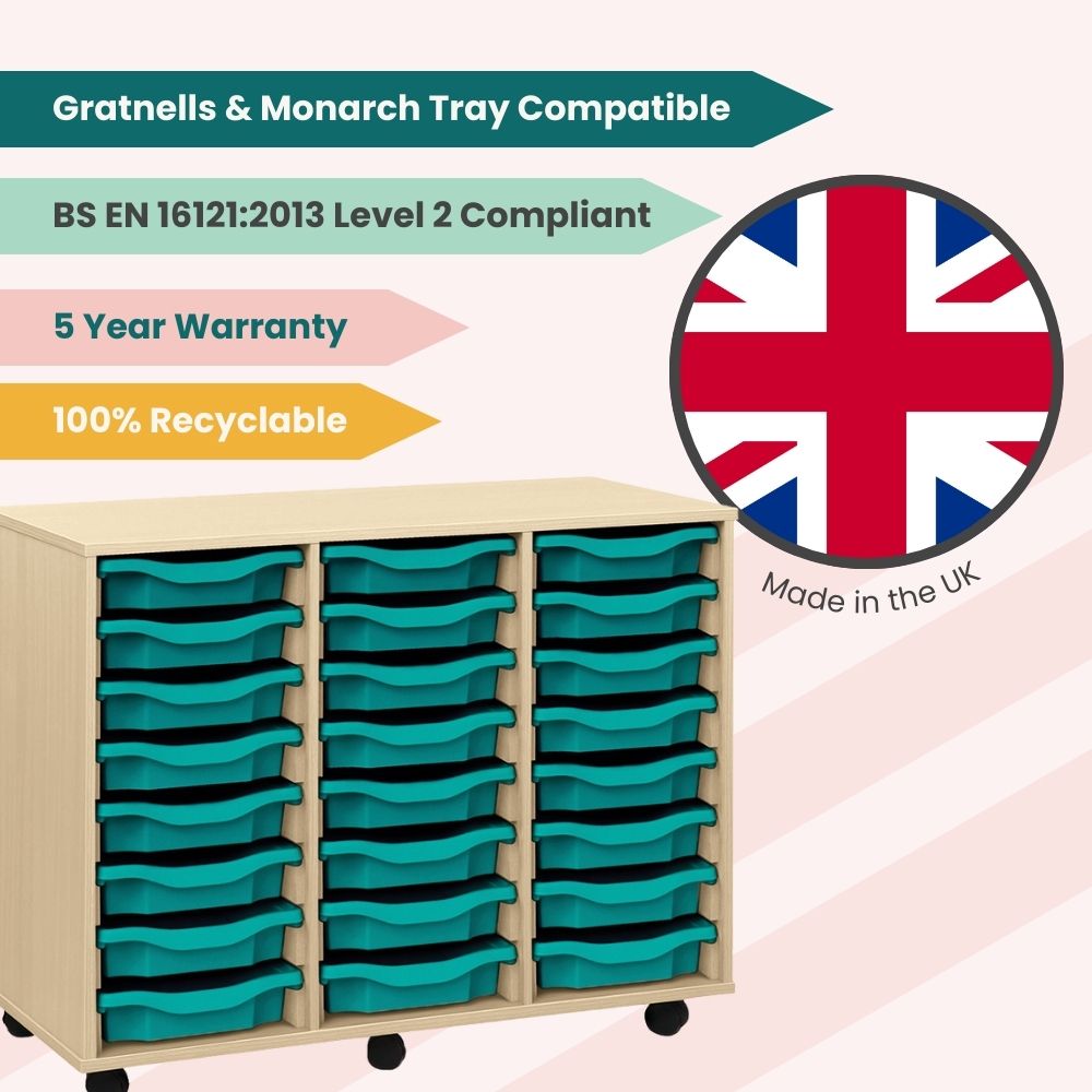 School tray storage unit with turquoise blue trays, UK-made label, and badges for BS EN 16121:2013 compliance, 100% recyclability, Gratnells and Monarch tray compatibility, and a five-year warranty.