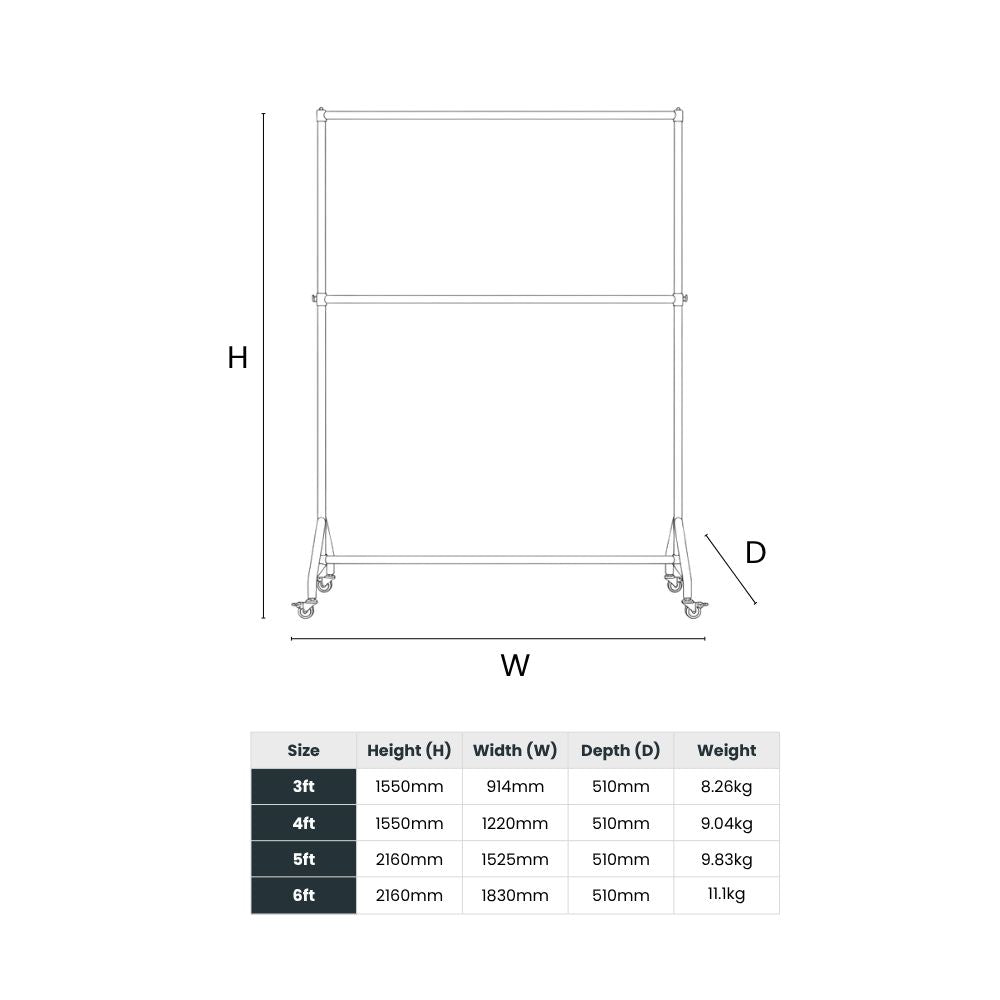 Size diagram showing height, width, depth, and weight for two-tier clothes rails from 3ft to 6ft.
