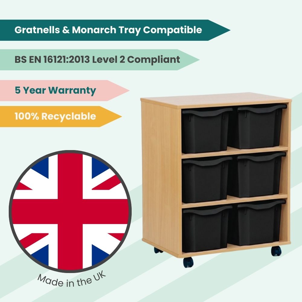 A British-made wooden storage unit with six black trays, presented with icons indicating compatibility, compliance, a 5-year warranty, and 100% recyclability, next to a Union Jack graphic.