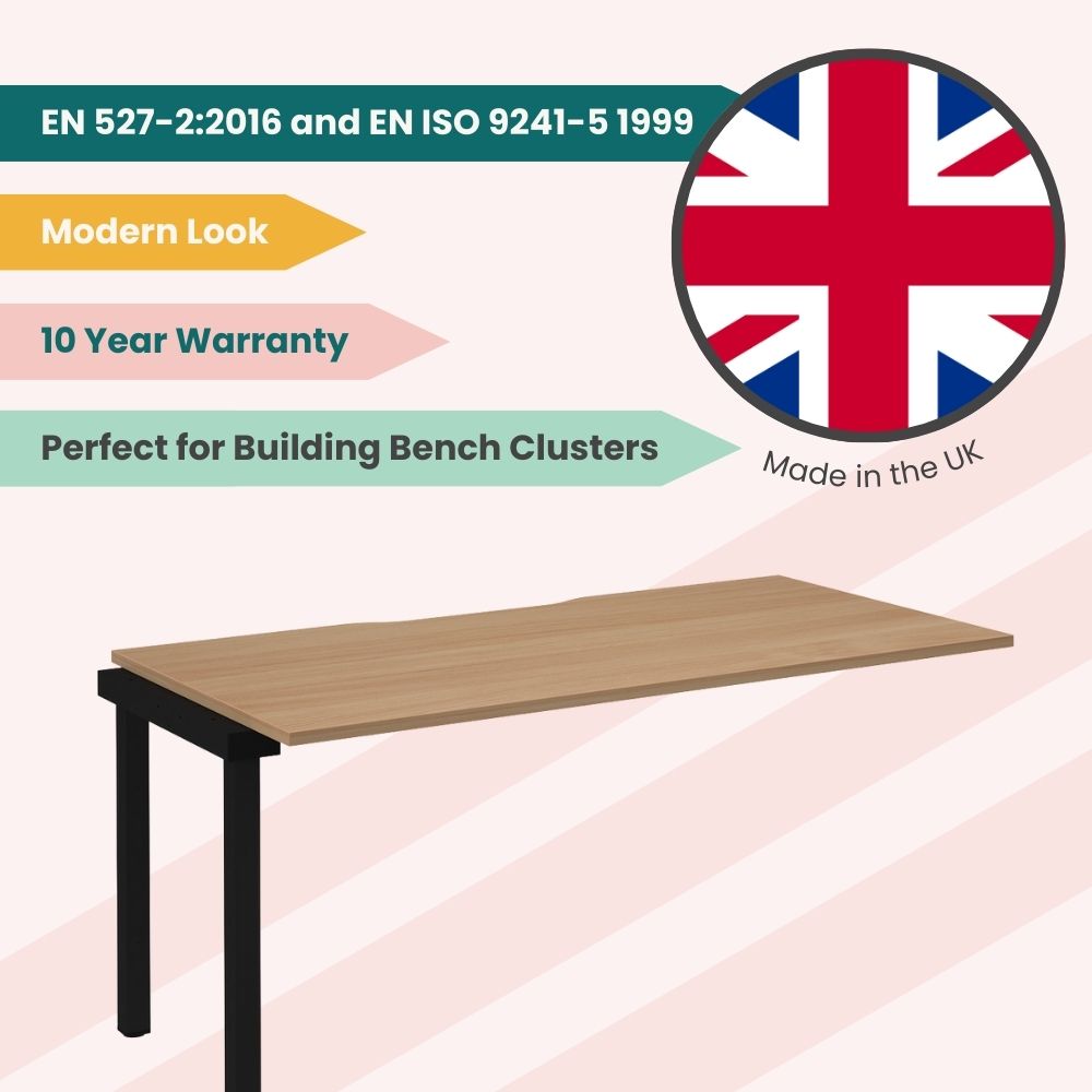 Add-on desk unit made in the UK with a wooden top and black metal frame, designed to extend bench desk clusters, featuring a modern look and 10-year warranty, compliant with EN 527-2:2016 and EN ISO 9241-5 1999.