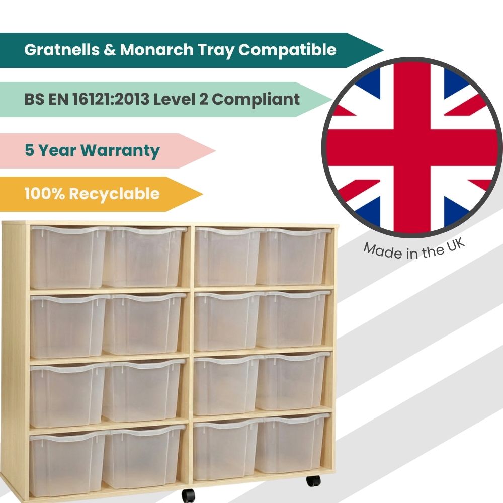 A UK-manufactured wooden storage unit with twelve translucent trays shown beneath promotional banners for tray compatibility, compliance, warranty, and recyclability, next to a British flag graphic.