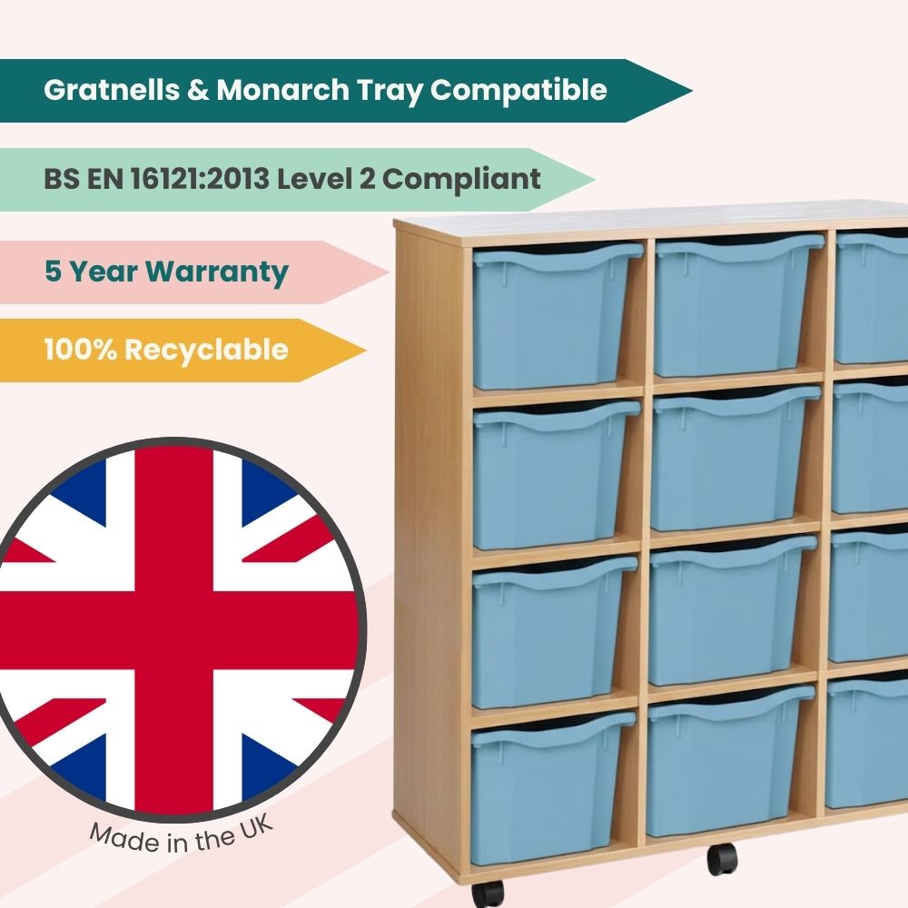 A UK-made wooden storage unit featuring blue trays and displayed alongside infographic icons highlighting its compatibility with Gratnells and Monarch trays, BS EN 16121:2013 compliance, 5-year warranty, and 100% recyclability.