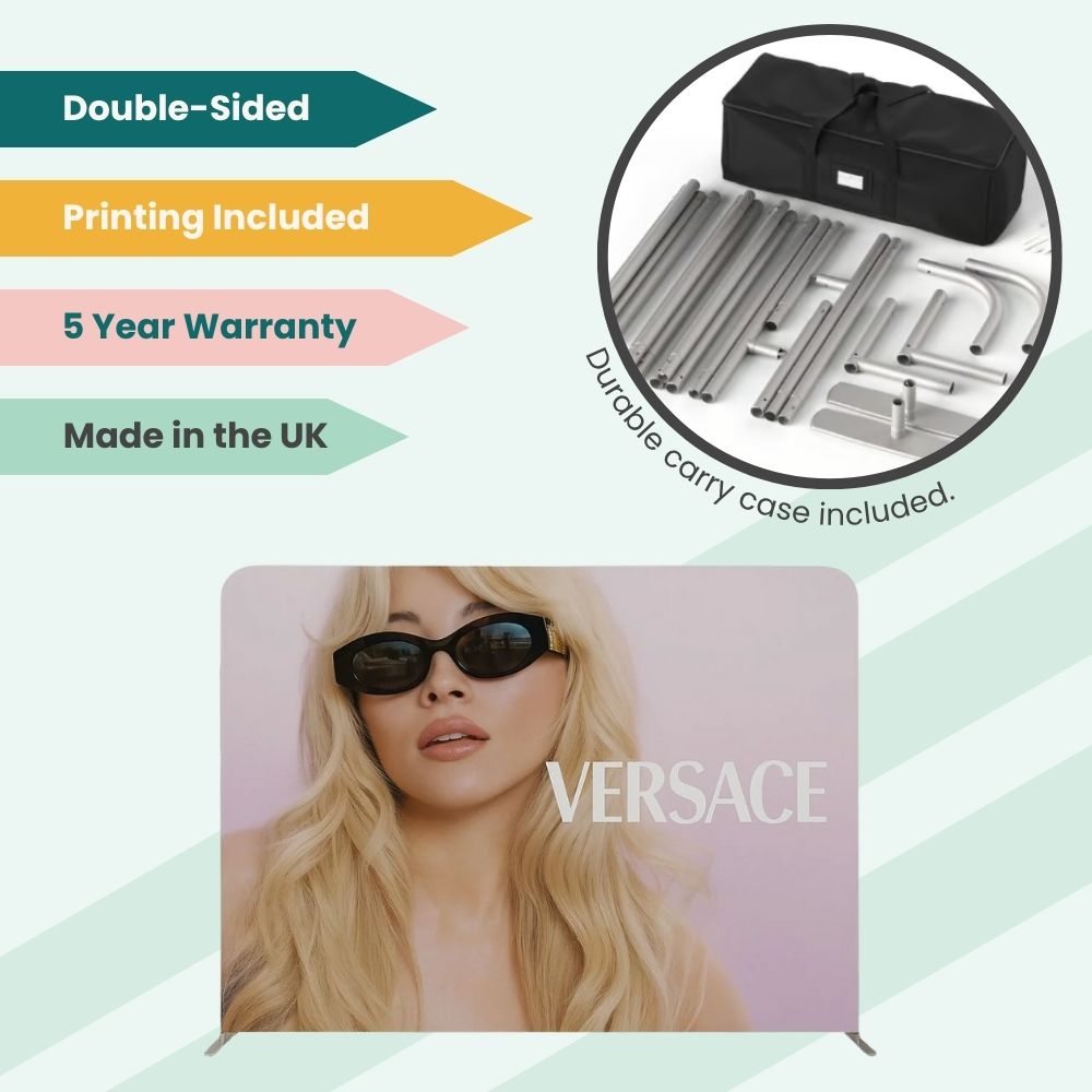 Versace banner with dual-sided print and carry case, built for premium retail and event branding.