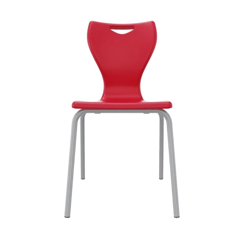 A bright red classroom chair engineered with a flexible high-back for spinal support and a secure leg base to prevent backward tilting.