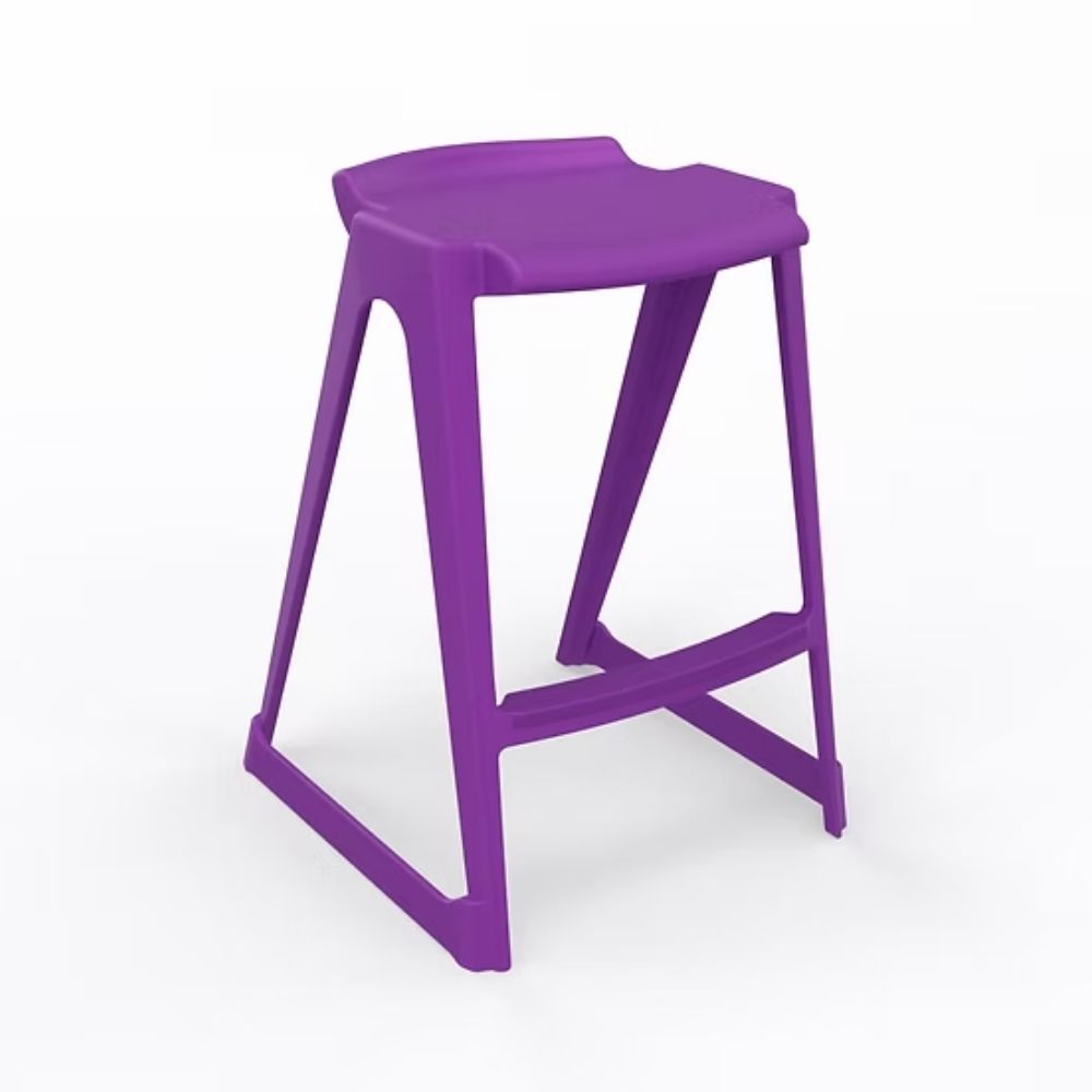 A durable violet-tinted polymer low back stool with a 610mm seat height, featuring an integrated anti-tilt safety chassis and ergonomic lumbar support for specialized school laboratories.