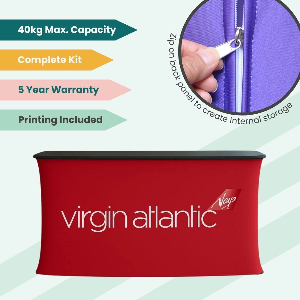 Virgin Atlantic branded counter with red wrap, black top, zippered back panel for internal storage, and 40kg capacity for exhibitions.