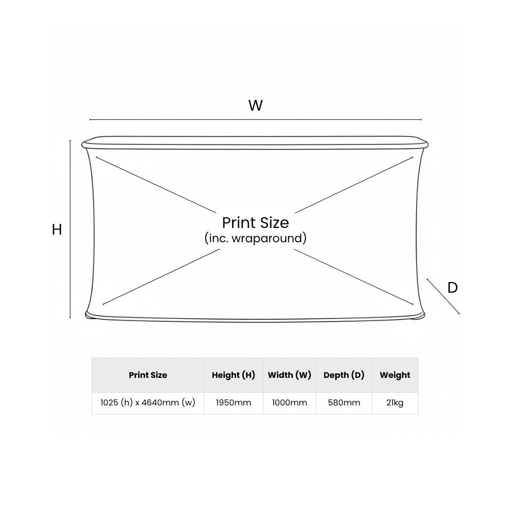 Technical diagram of Virgin Atlantic promotional counter showing height, width, depth, and wraparound print area for branded event setup.