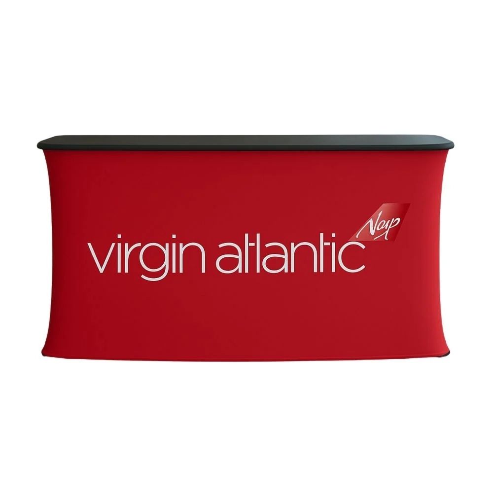 Red Virgin Atlantic promotional stand with logo and black top, ideal for airline marketing at trade shows or branded events.