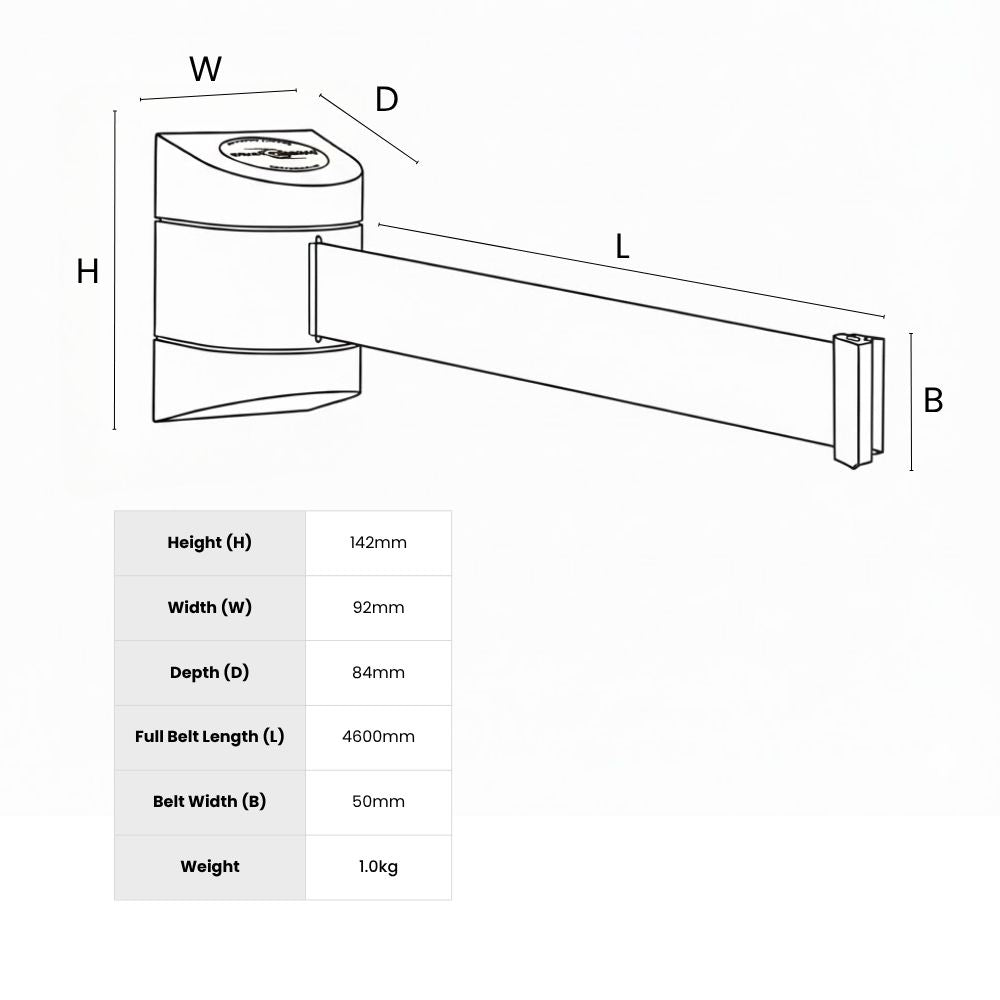 Technical diagram of wall-mounted retractable belt barrier showing height, width, depth, belt length, and weight for installation planning.