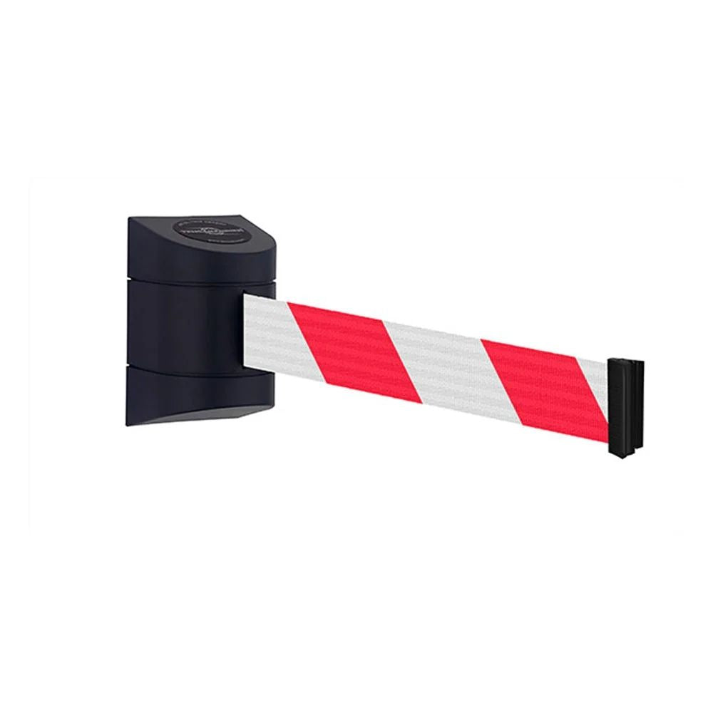 Wall-mounted unit with red-and-white striped belt for high-visibility crowd control and restricted access in safety-critical zones.