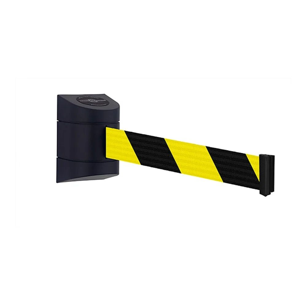 Wall-mounted unit with caution-striped belt for visual warning and crowd control in hazardous or restricted areas.