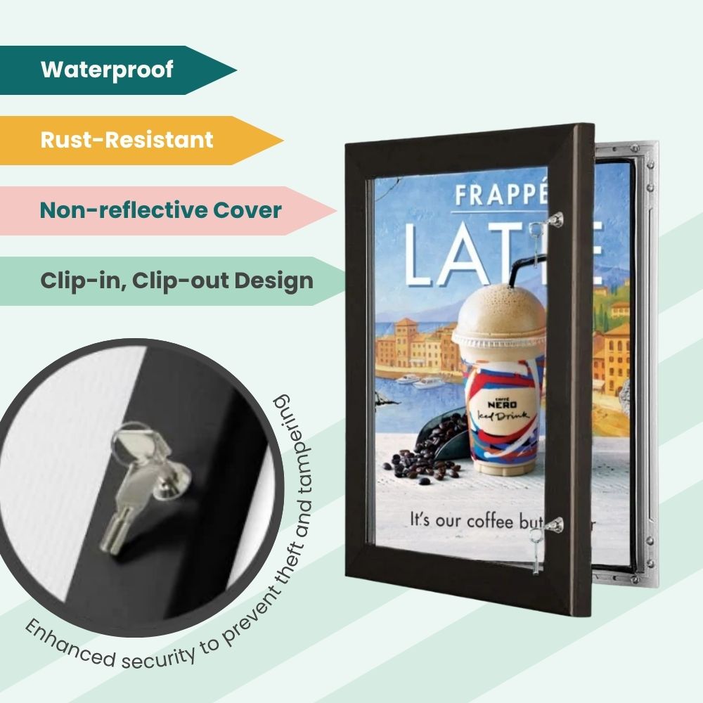 Coffee shop poster case with waterproof frame and lock, built for outdoor menu and promo displays.