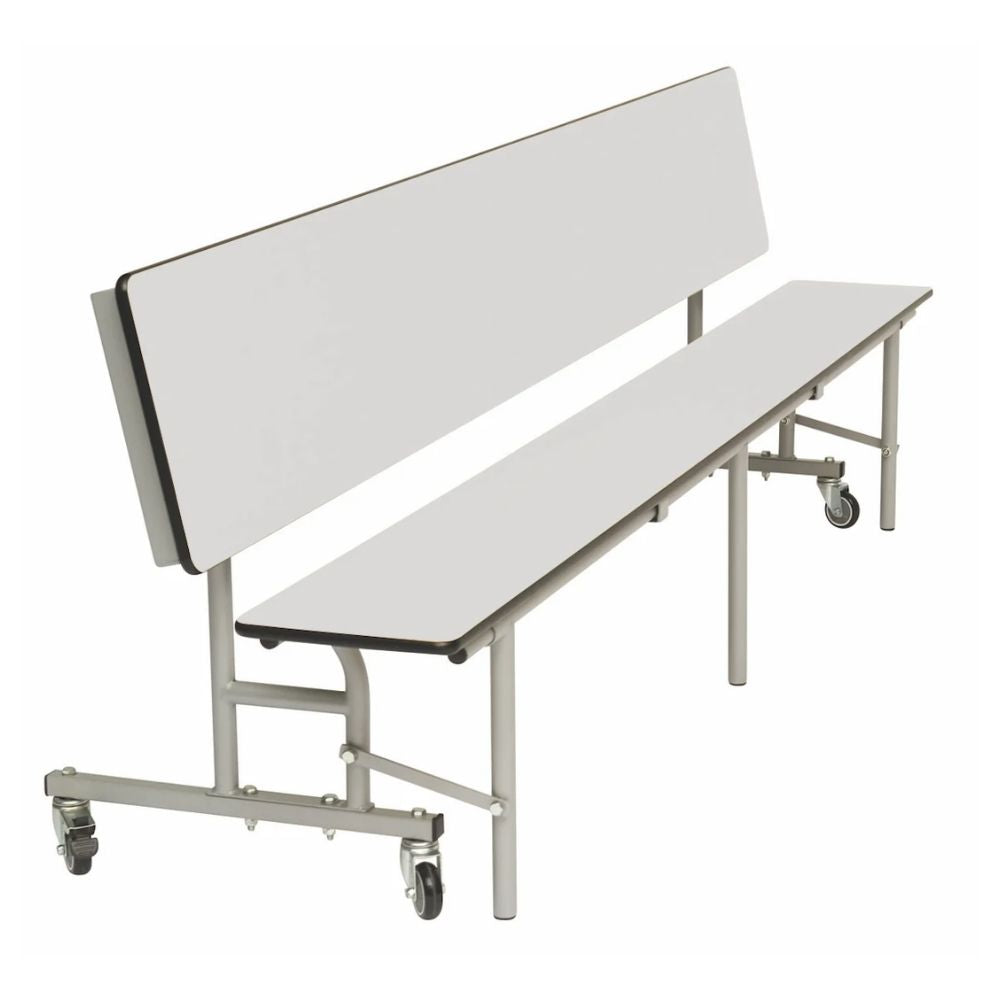 White 3-in-1 canteen bench unit on castors, versatile school seating and dining solution with laminated finish.