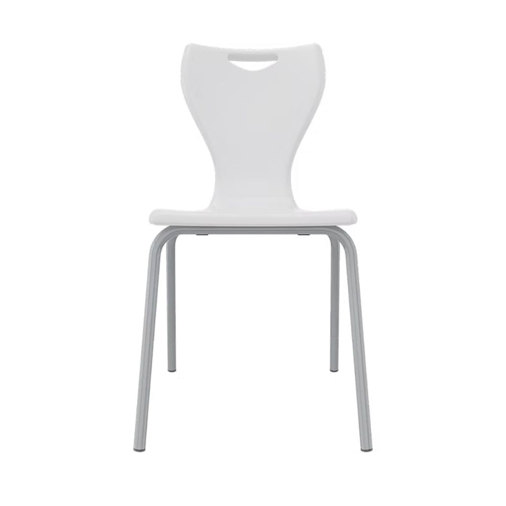 A premium white classroom seating solution featuring a tip-resistant leg design and a wipe-clean plastic shell for hygienic school environments.
