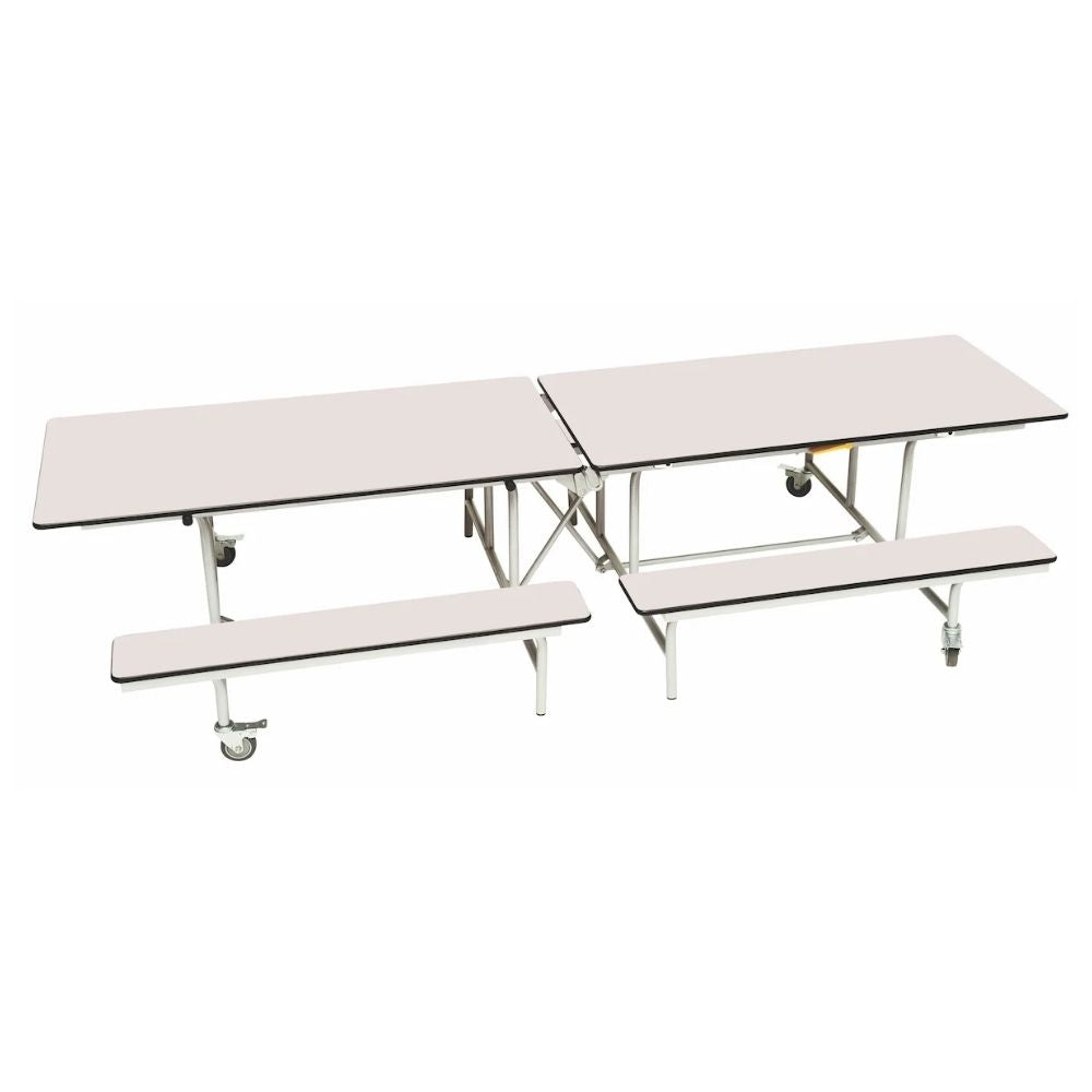 White bench canteen table with folding frame and benches, designed for versatile school dining use.